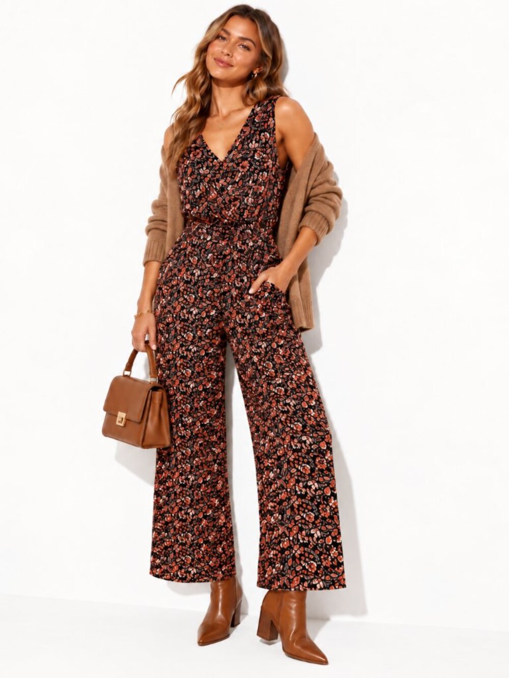 Sanctuary Black Floral V Neck Wide Leg Cropped Jumpsuit Pockets 90s Boho S